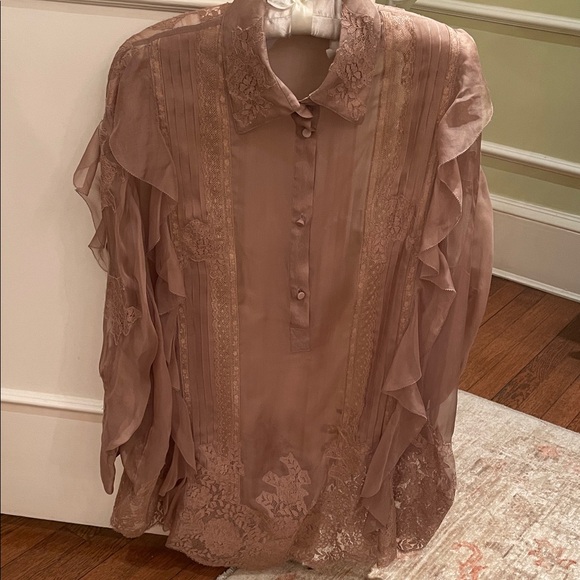 Valentino Sheer Ruffle Lace Blouse - Tan - Picture 2 of 10